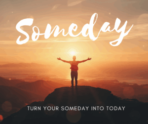 Man standing on mountain watching the sun thinking "Someday"